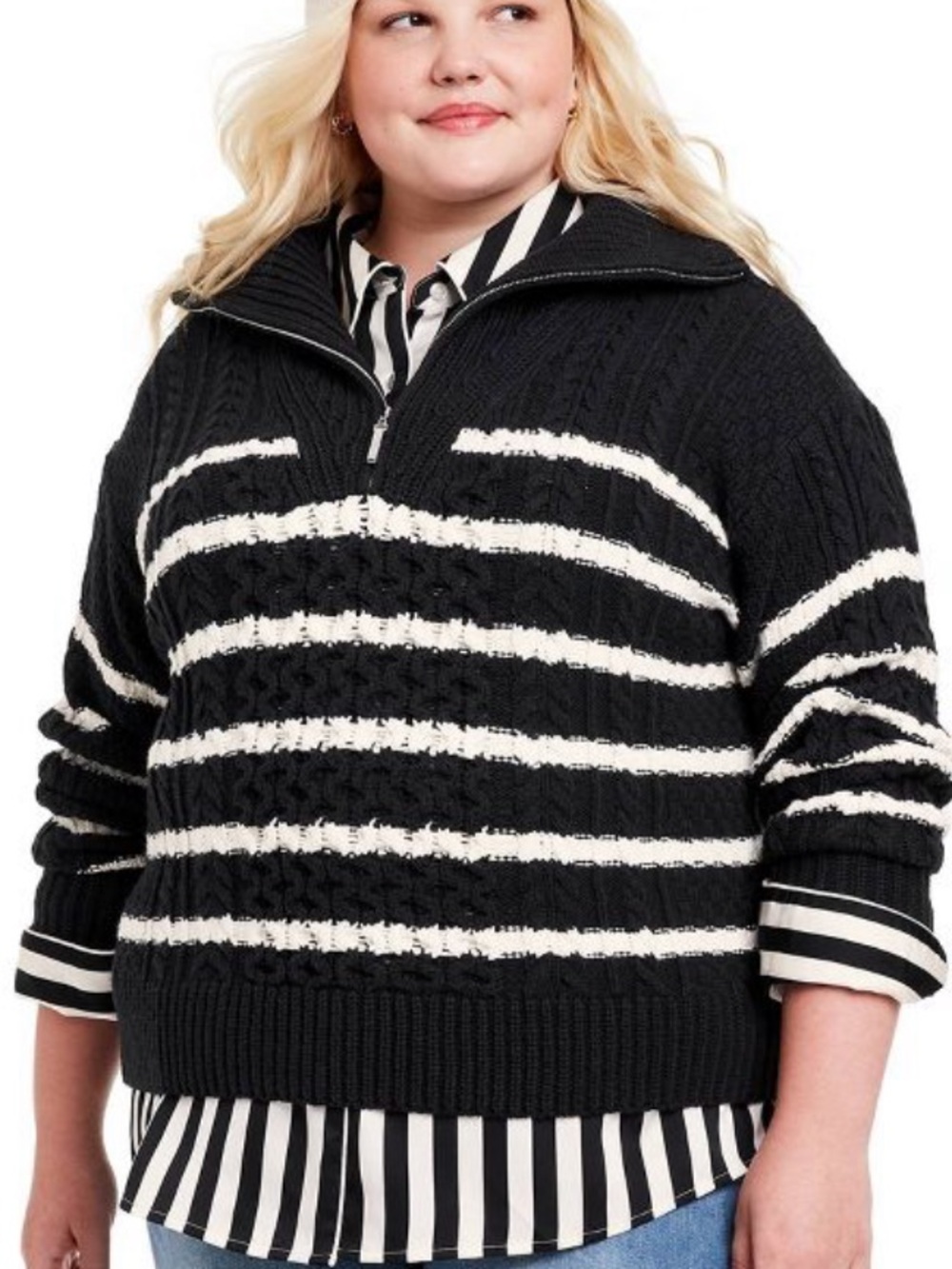 La Ligne x Target Quarter Zip Black White Striped Cable Knit Sweater